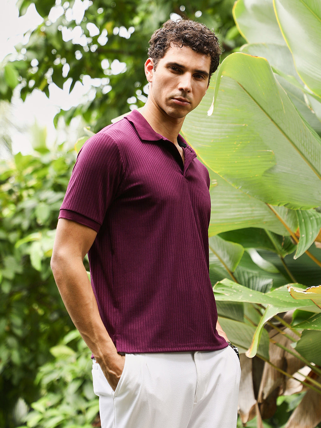 Vined-Jacquard Knit Polo T-Shirt