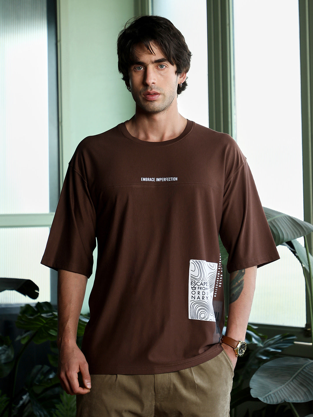Cahoot Men's Dark Chocolate Escape-Ordinary Imprint Oversized T-Shirt