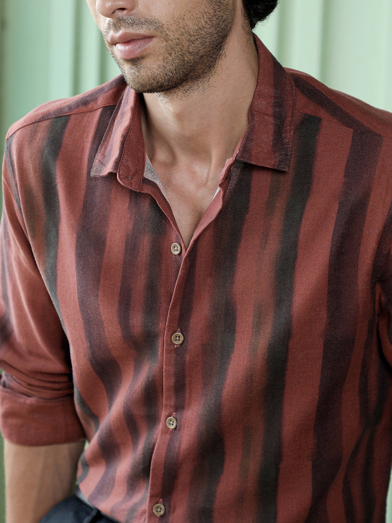 Men's Rust & Black Vertical Stripe Regular Fit Casual Shirt