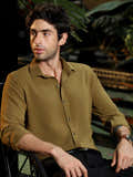 Men's Solid Mustard Cuban Collar Cotton Shirt (selected)