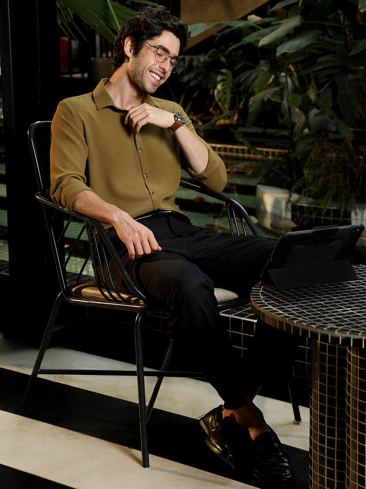 Men's Solid Mustard Cuban Collar Cotton Shirt