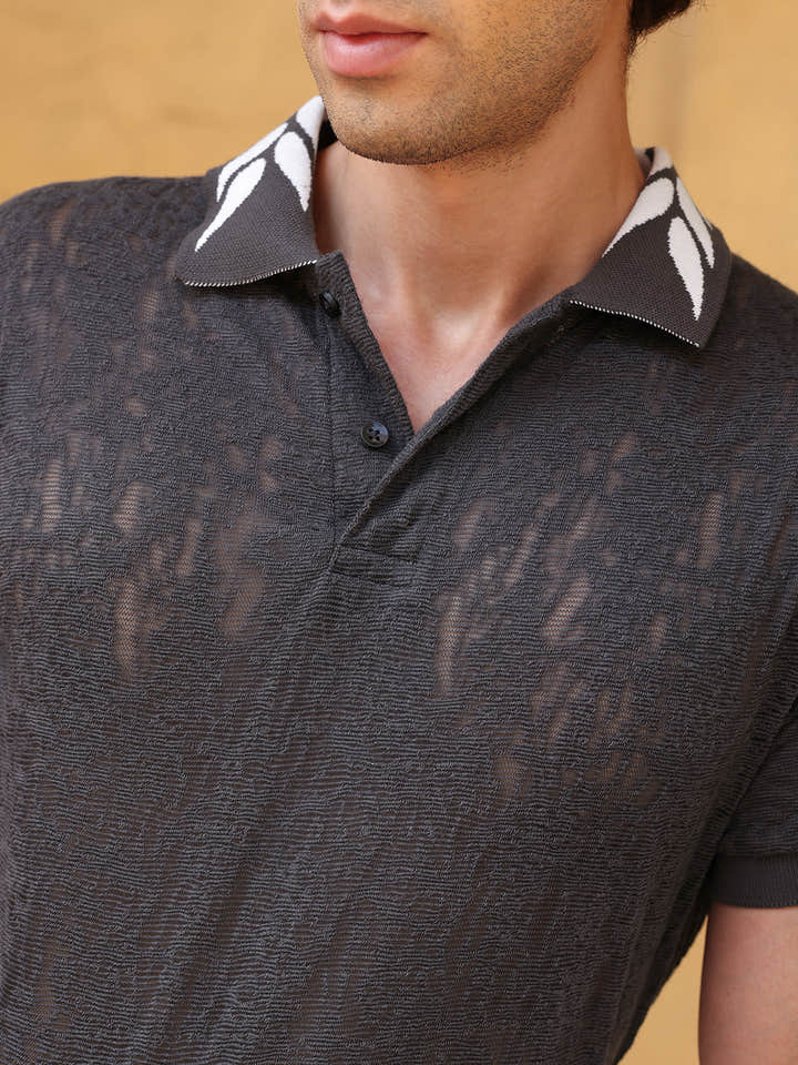 Men's Charcoal Grey Burnout Textured Polo T-shirt