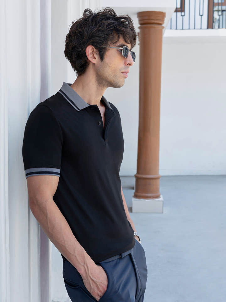 Men's Black Tipped Polo T-Shirt with Grey Contrast Details
