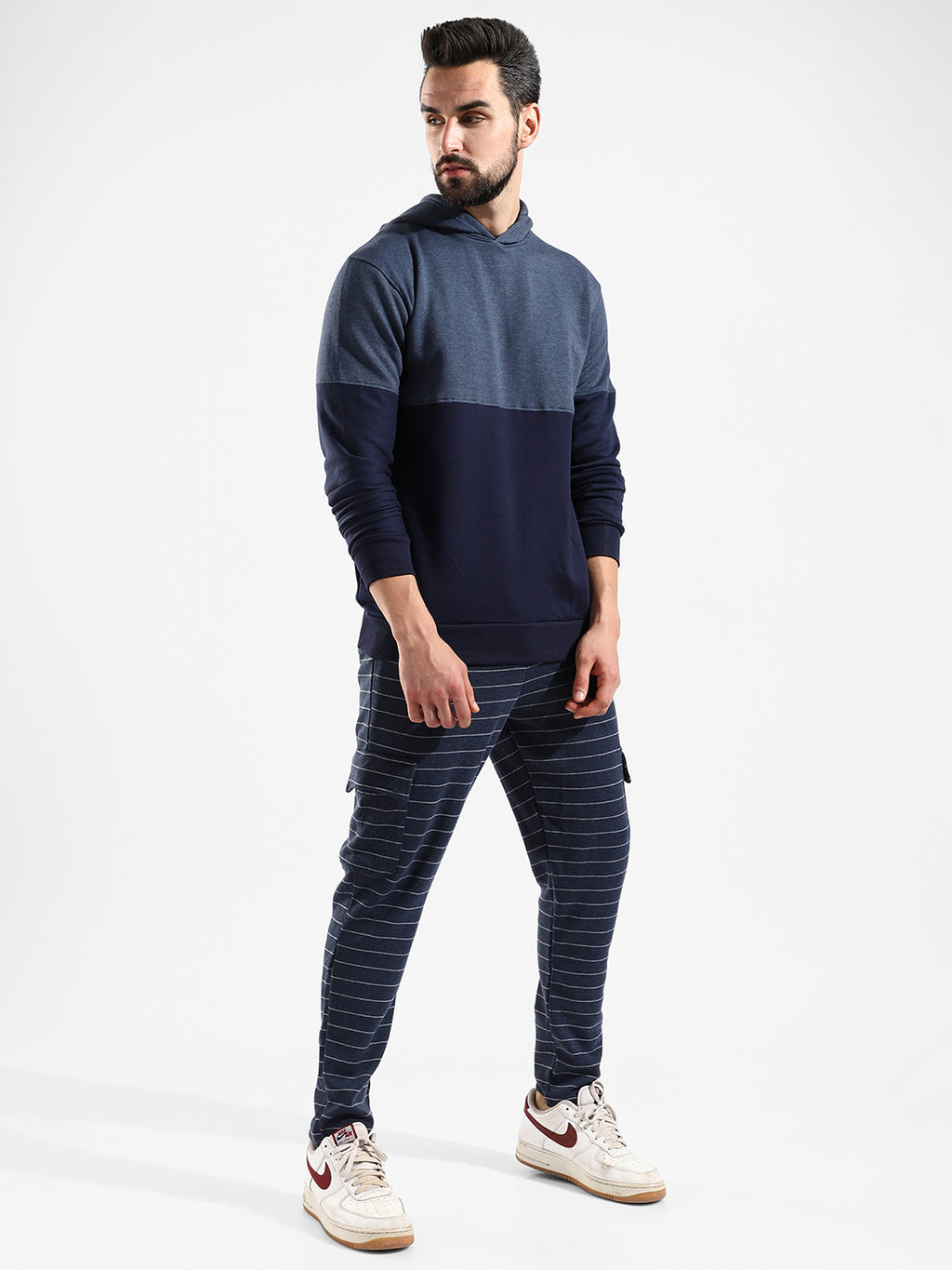 Cotton Navy Blue Colour-Blocked Tracksuit For Casual Wear