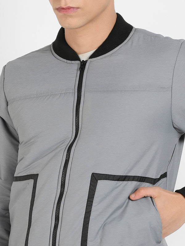 Men's Light Grey Zip-Front Puffer Jacket With Contrast Detail