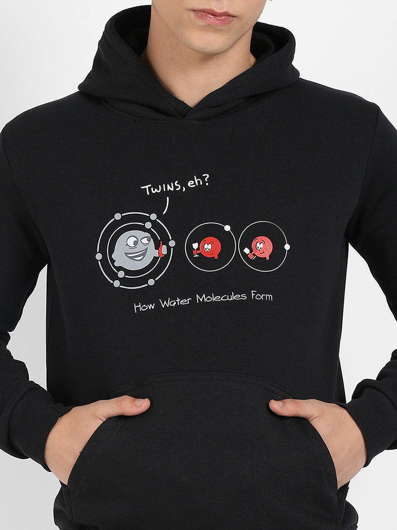 Men's Black Water Molecules Hoodie With Kangaroo Pocket