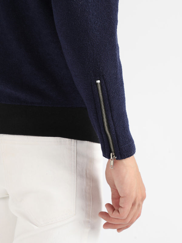 Men's Navy Blue Zip-Front Jacket With Ribbed Hem