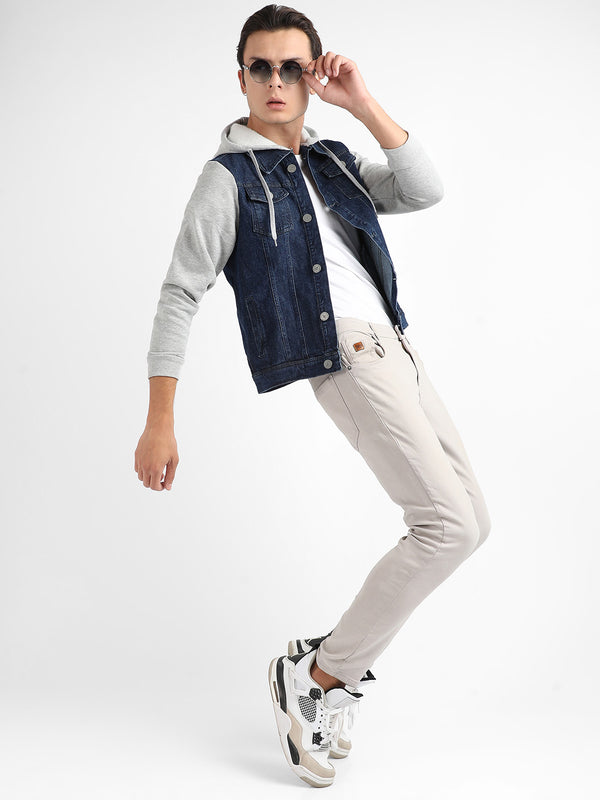 Dark-Wash Denim Jacket With Sweatshirt Sleeve