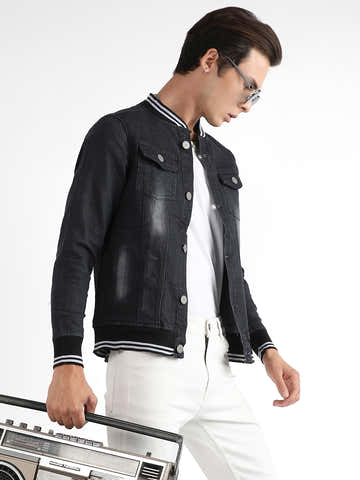 Button-Front Denim Jacket With Contrast Striped Hem