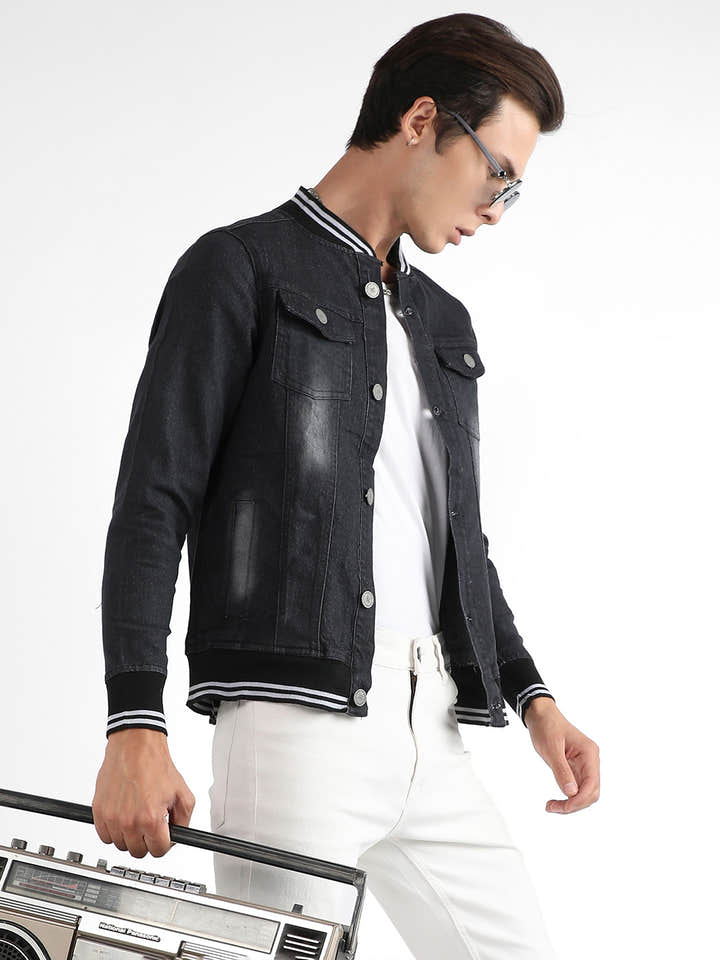 Button-Front Denim Jacket With Contrast Striped Hem