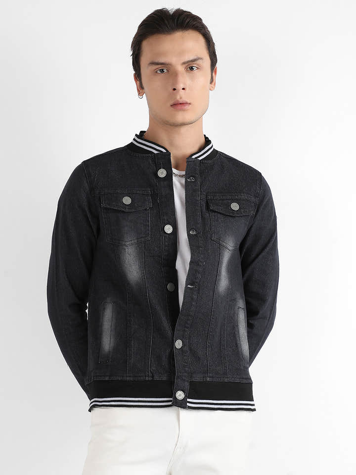 Button-Front Denim Jacket With Contrast Striped Hem