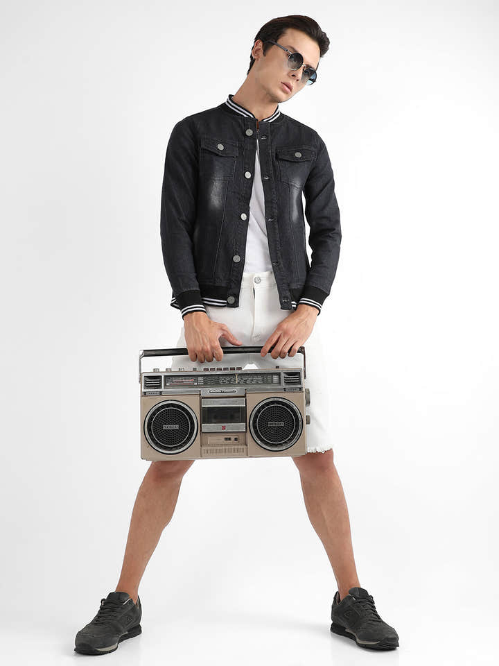 Button-Front Denim Jacket With Contrast Striped Hem
