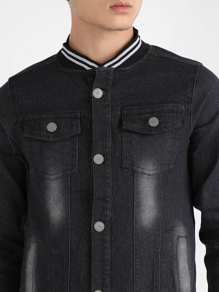 Men's Black Button-Front Denim Jacket With Contrast Striped Hem