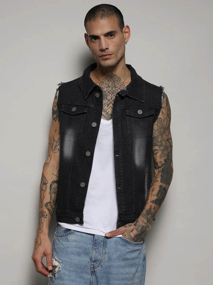 Dark-Wash Denim Jacket With Flap Pocket
