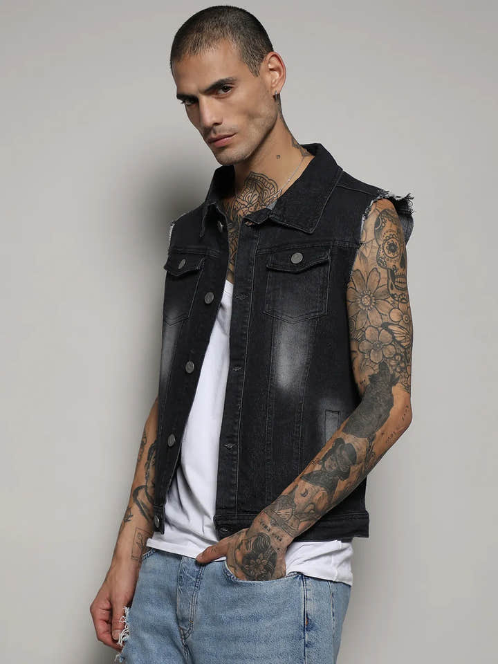 Dark-Wash Denim Jacket With Flap Pocket