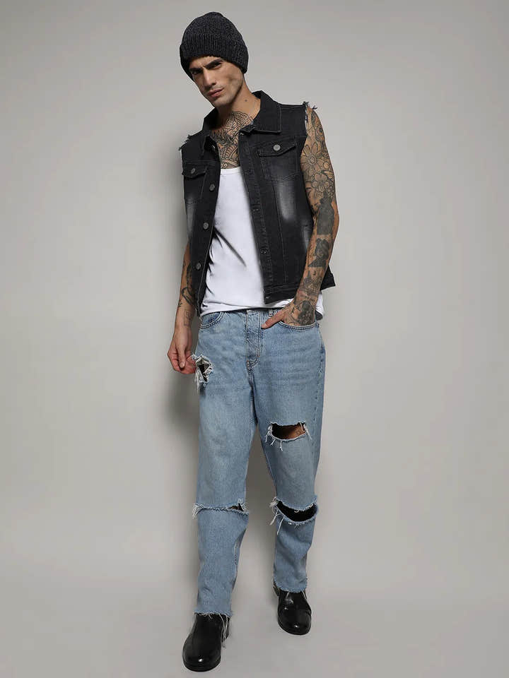 Dark-Wash Denim Jacket With Flap Pocket