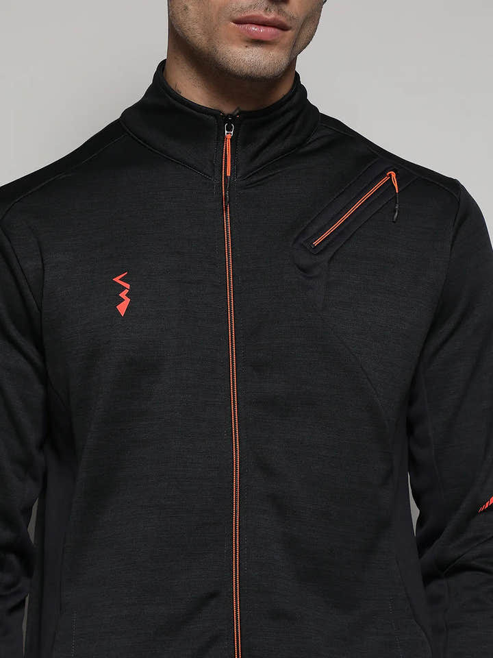 Black Heathered Activewear Jacket With Reflective Detail