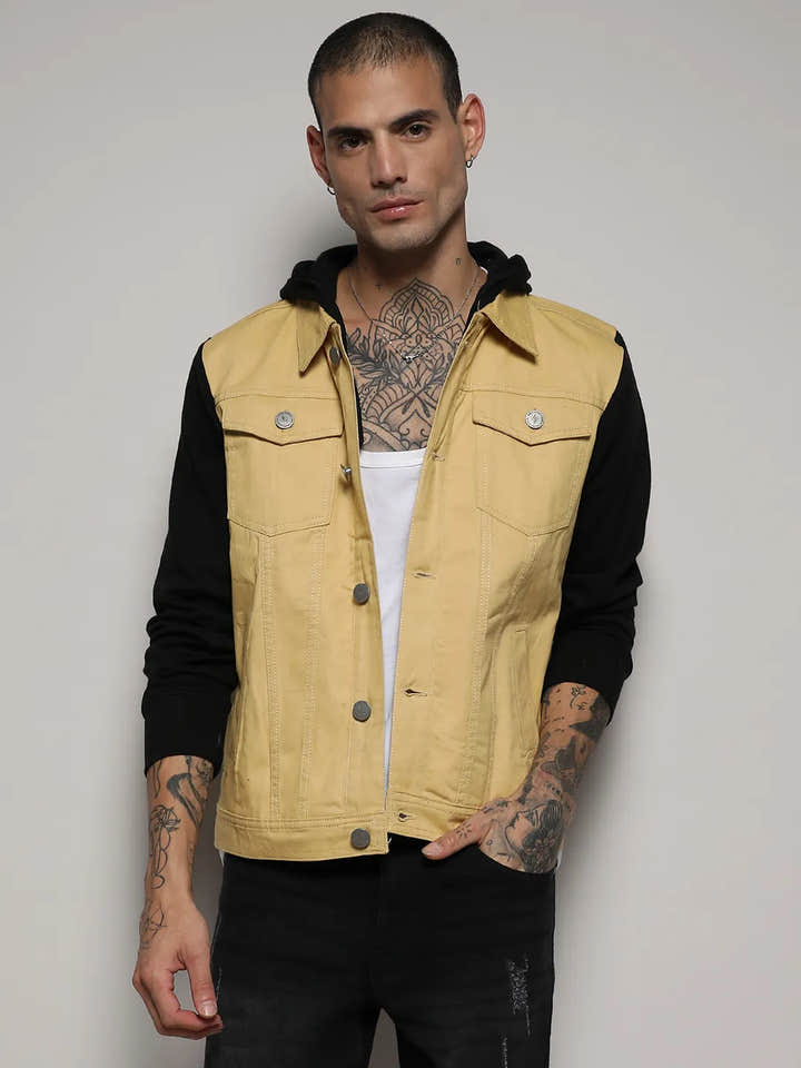 Light-Wash Denim Jacket With Sweatshirt Sleeve