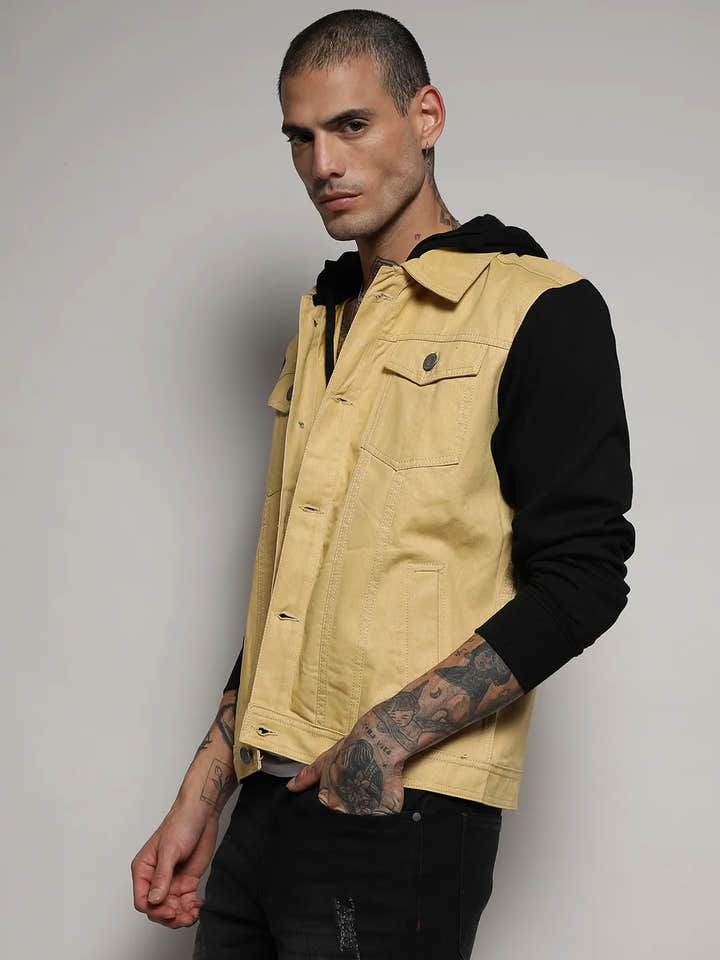 Light-Wash Denim Jacket With Sweatshirt Sleeve