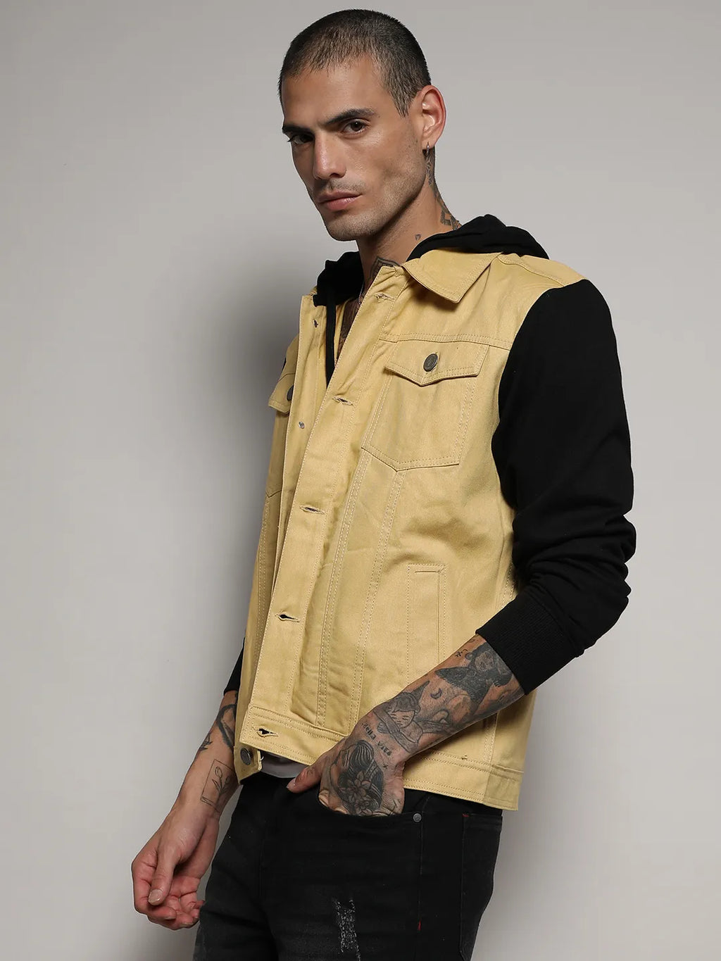 Light-Wash Denim Jacket With Sweatshirt Sleeve