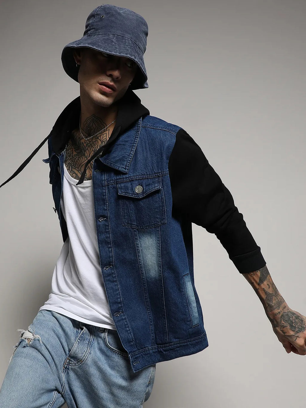 Light-Wash Denim Jacket With Sweatshirt Sleeve