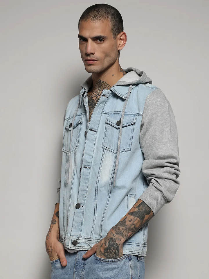 Light-Wash Denim Jacket With Sweatshirt Sleeve