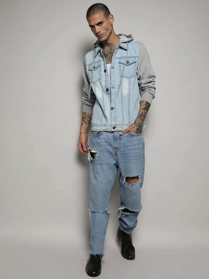 Light-Wash Denim Jacket With Sweatshirt Sleeve