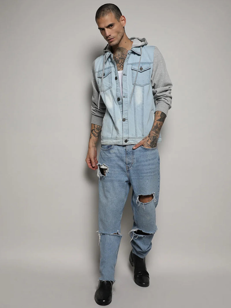 Light-Wash Denim Jacket With Sweatshirt Sleeve