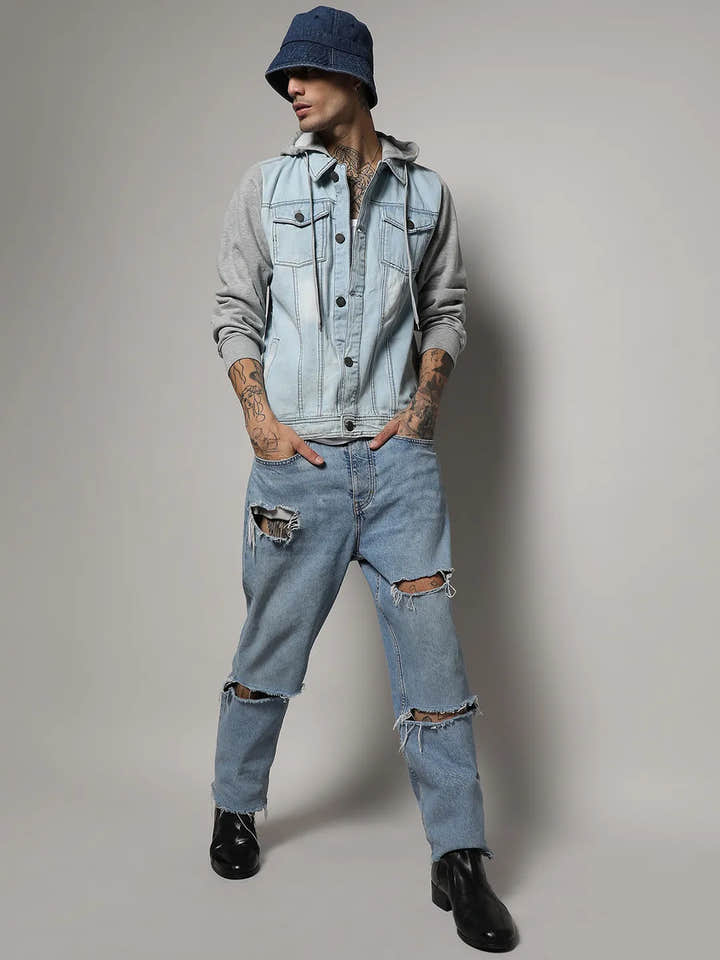 Light-Wash Denim Jacket With Sweatshirt Sleeve