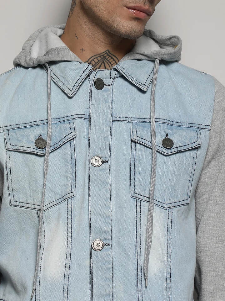 Blue & Grey Light-Wash Denim Jacket With Sweatshirt Sleeve