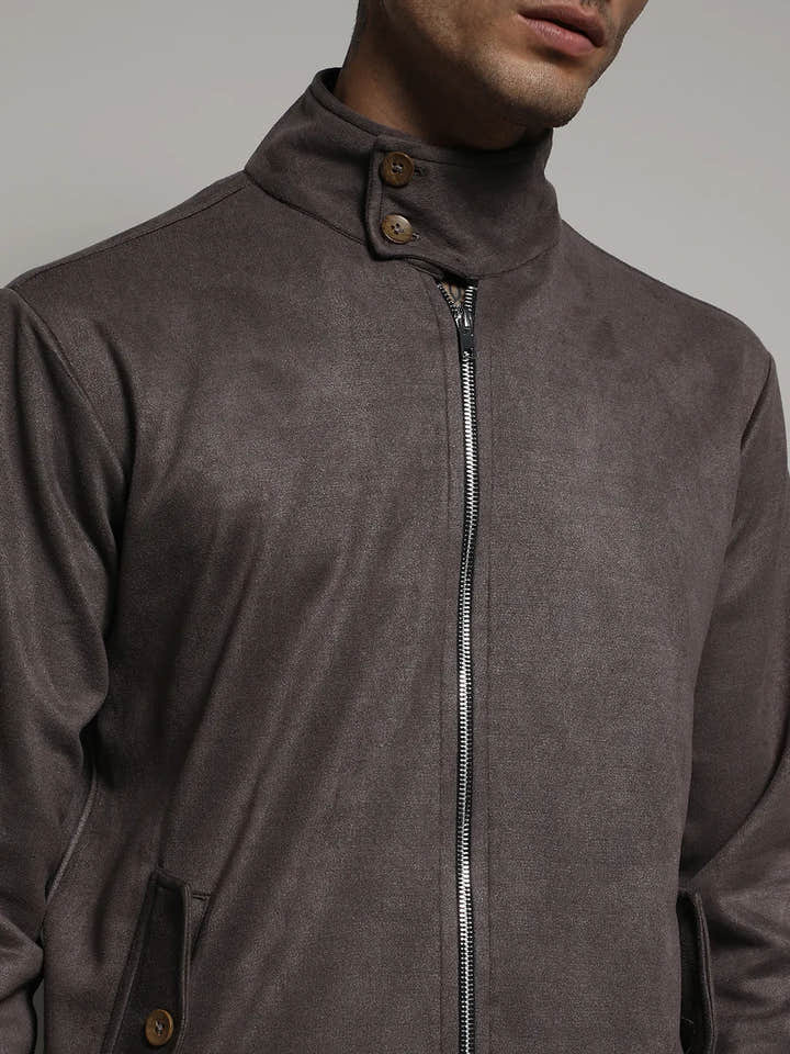 Brown Zip-Front Jacket With Ribbed Hem
