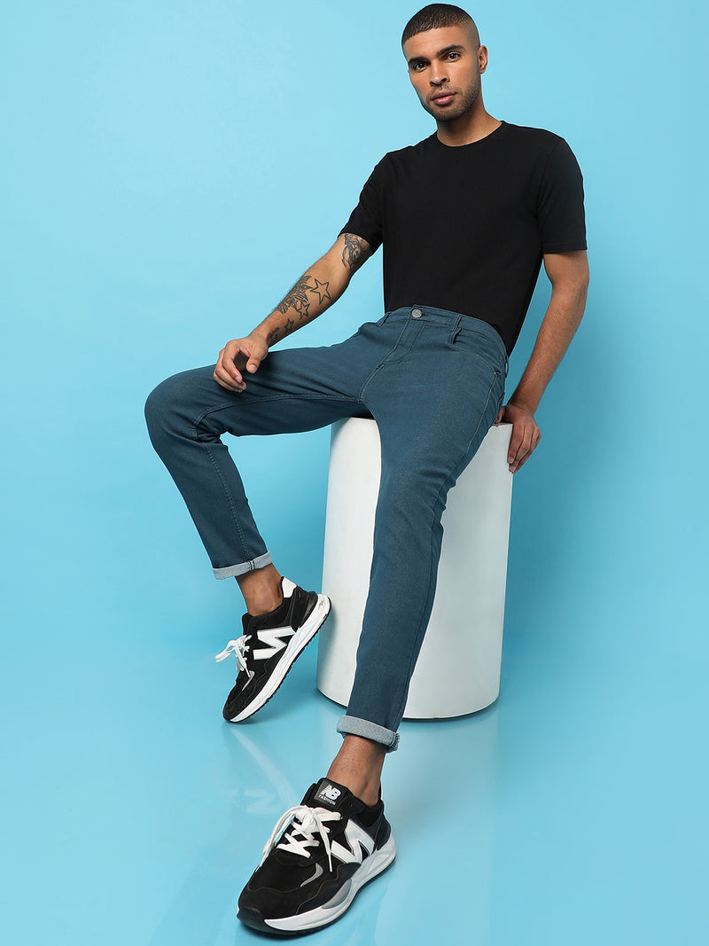 MEN’S SOLID BLUE DARK-WASH DENIM JEANS SLIM FIT FOR CASUAL WEAR