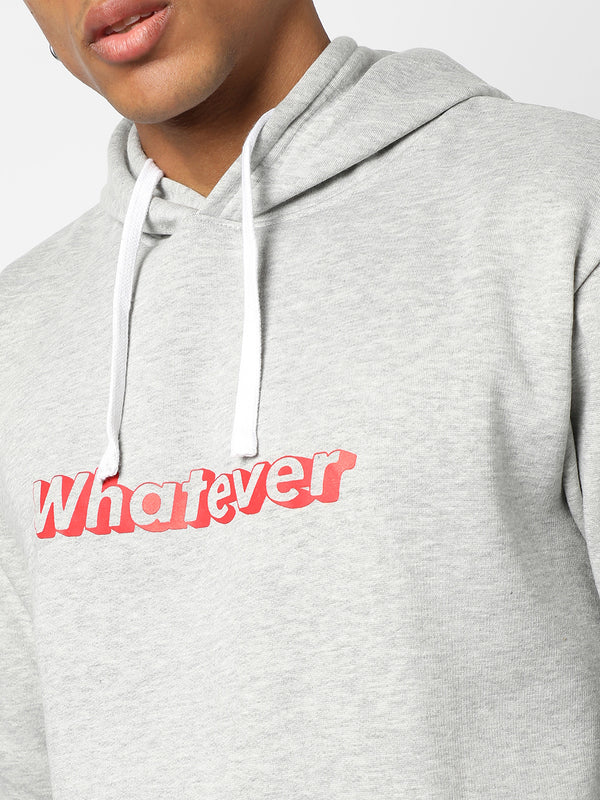 MEN’S SOLID LIGHT GREY WHATEVER PRINTED COTTON SWEATSHIRT WITH HOODIE REGULAR FIT