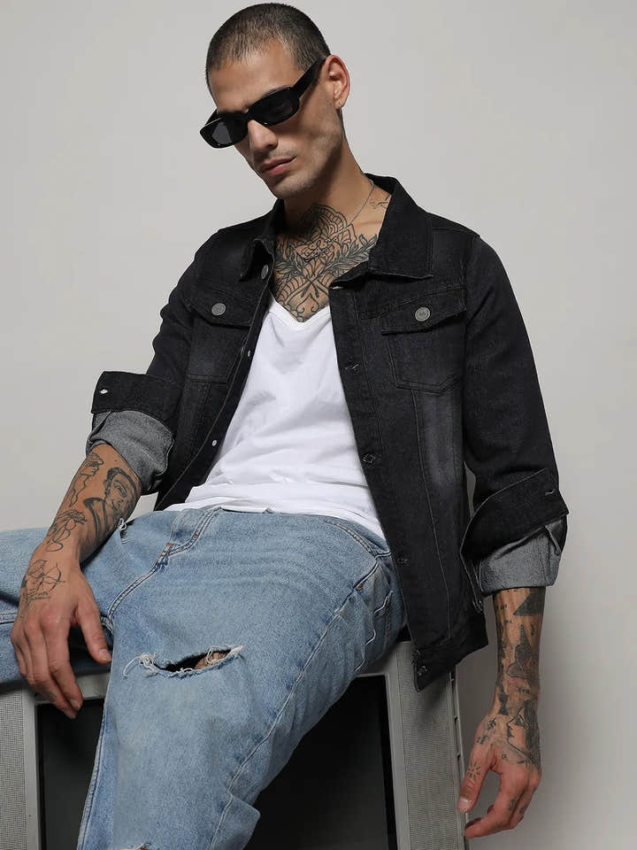 Dark-Wash Denim Jacket With Flap Pocket