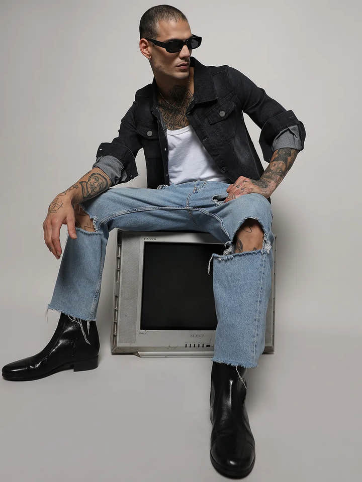 Dark-Wash Denim Jacket With Flap Pocket