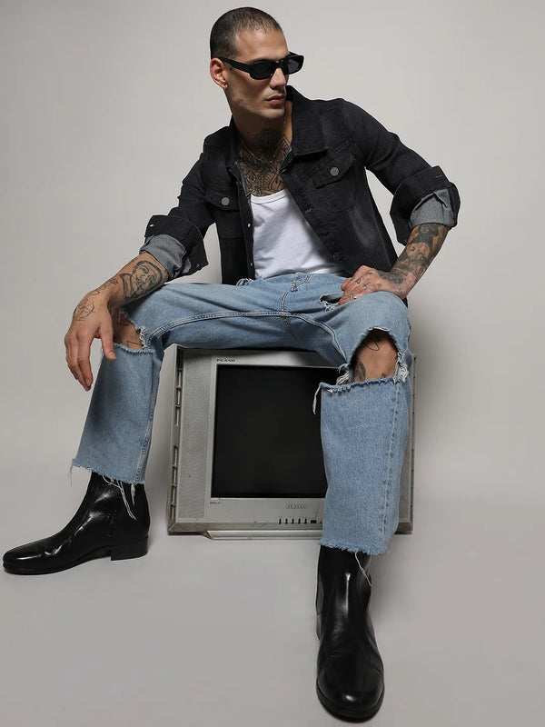 Dark-Wash Denim Jacket With Flap Pocket