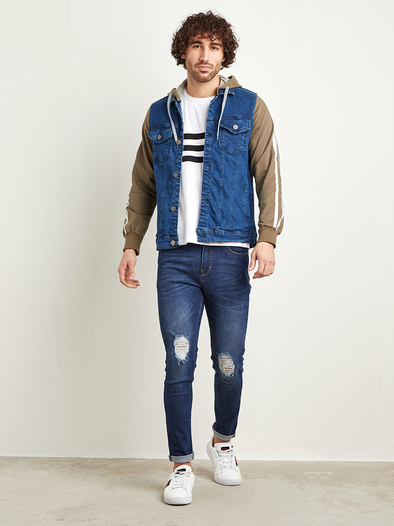 Medium-Wash Denim Jacket With Sweatshirt Sleeve