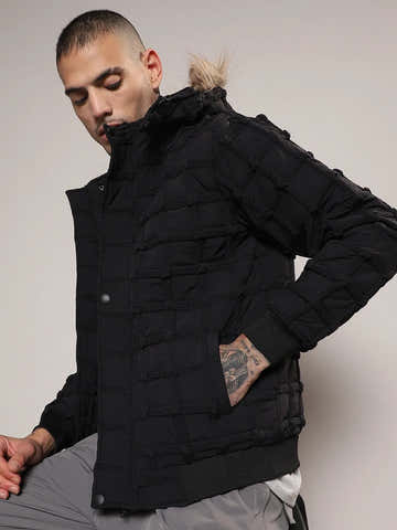 Self-Design Puffer Jacket With Fleece Hood