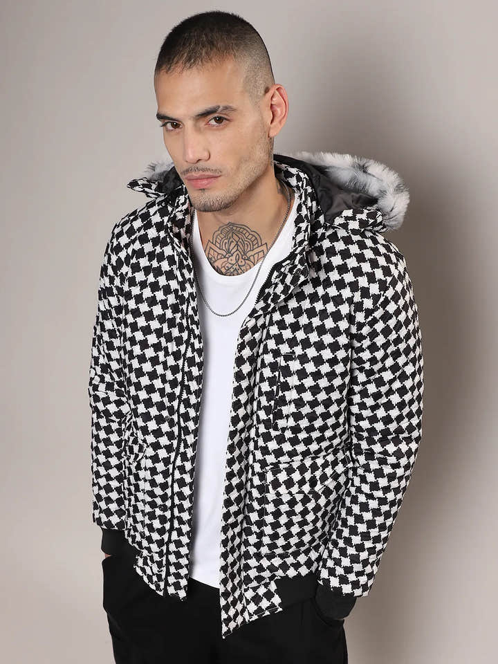 Checkboard Puffer Jacket With Fleece Hood