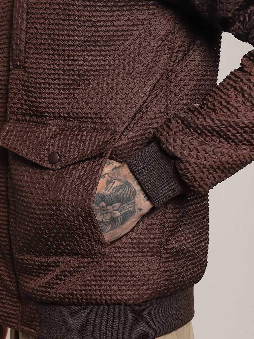 Men Chocolate Brown Self-Design Diamond Puffer Jacket With Fleece Hood