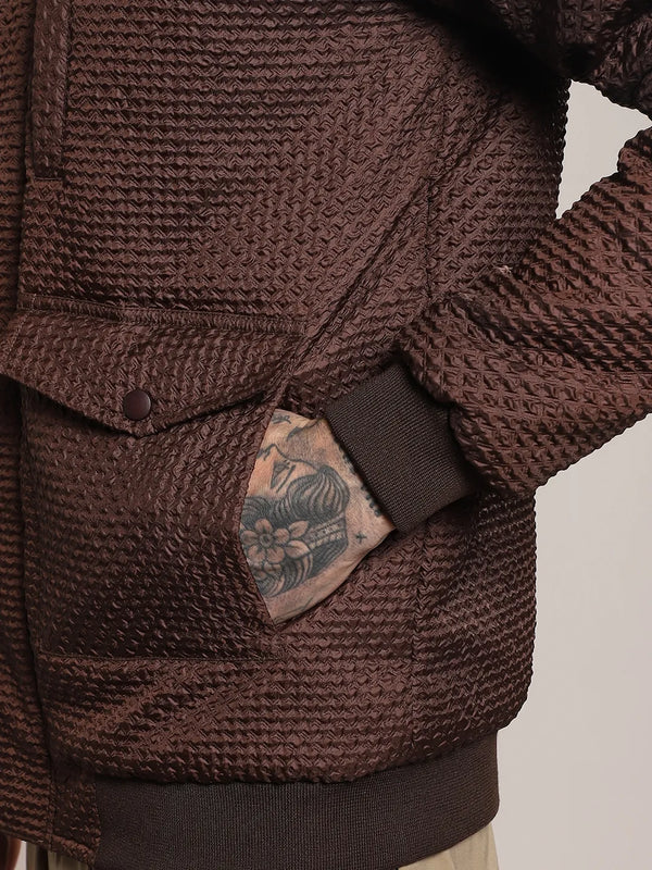 Men Chocolate Brown Self-Design Diamond Puffer Jacket With Fleece Hood