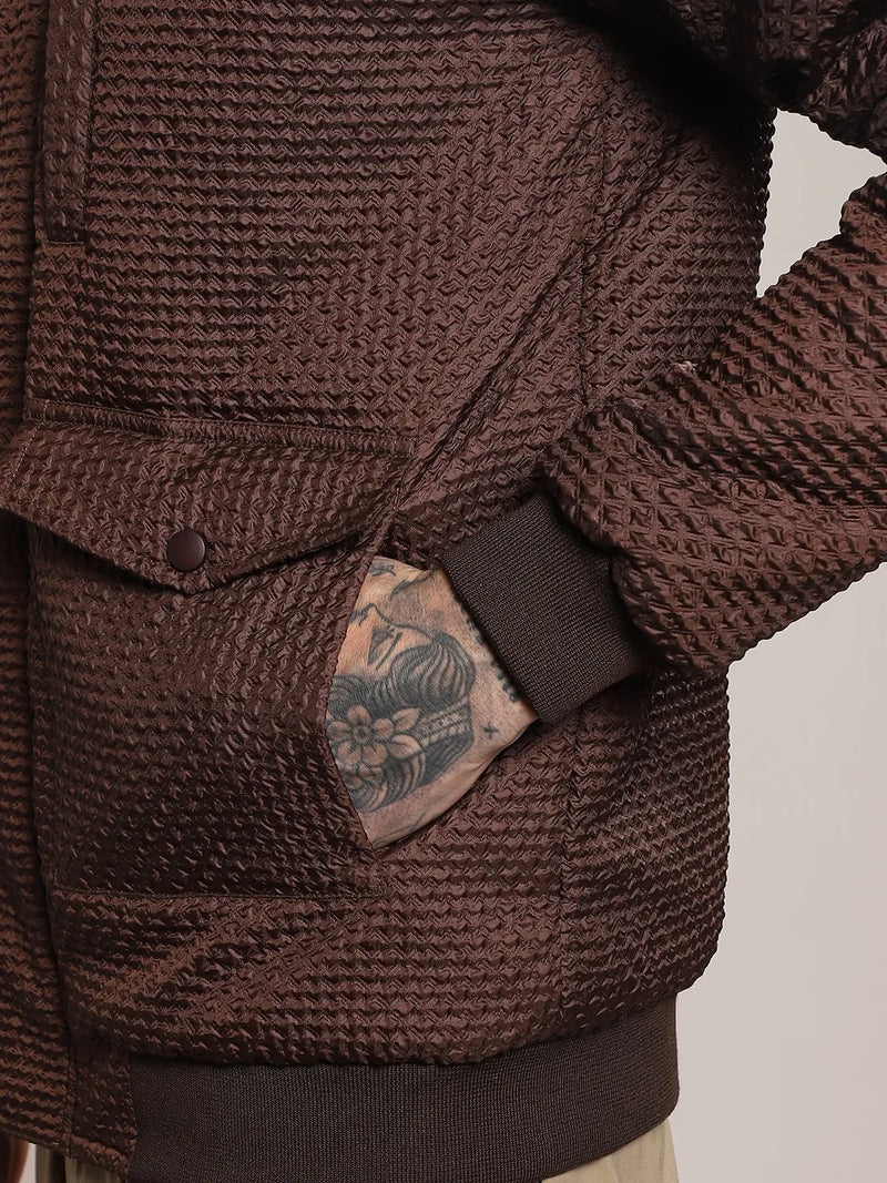 Men Chocolate Brown Self-Design Diamond Puffer Jacket With Fleece Hood