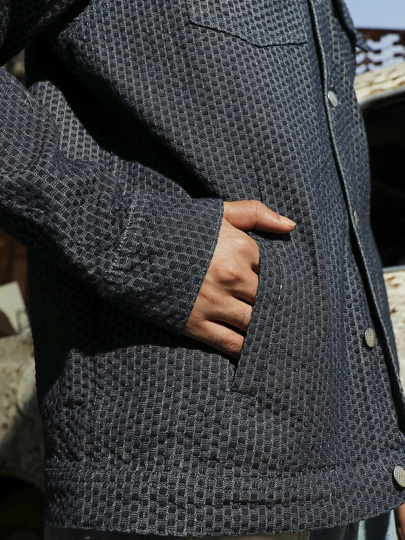 Men Denim Blue Fleece Polka Dot Denim Jacket