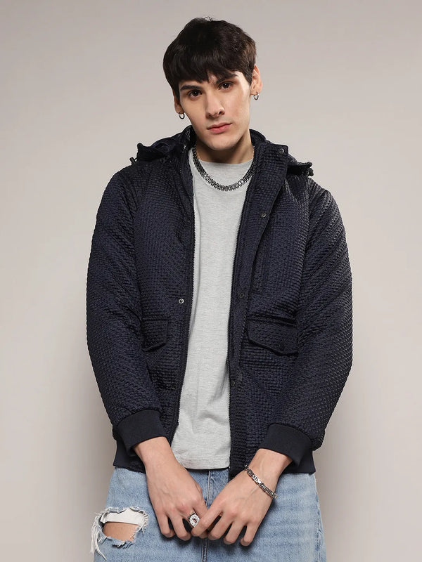 Self-Design Diamond Puffer Jacket With Fleece Hood