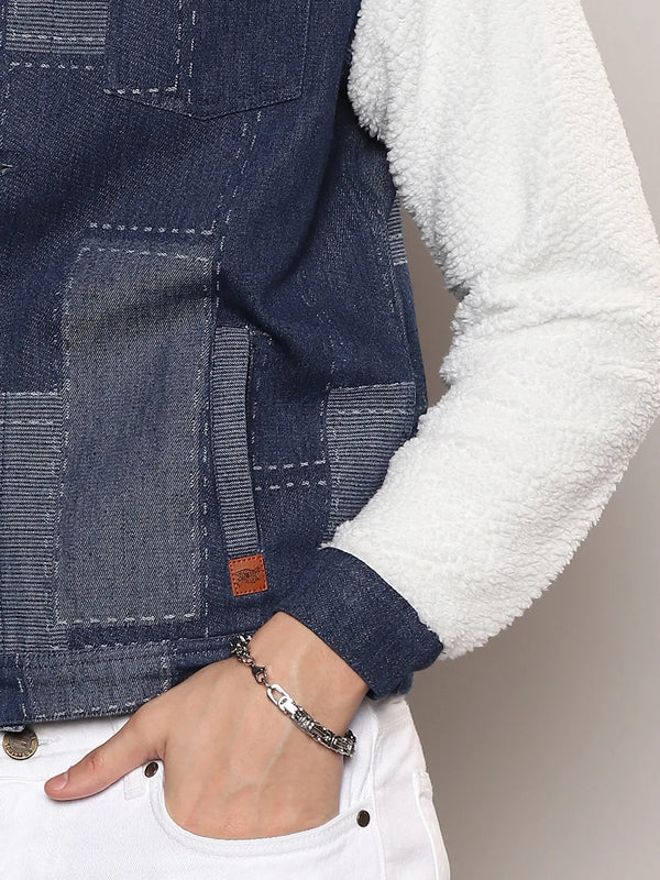 Men Navy Blue and Chalk White Fleece Block Denim Jacket