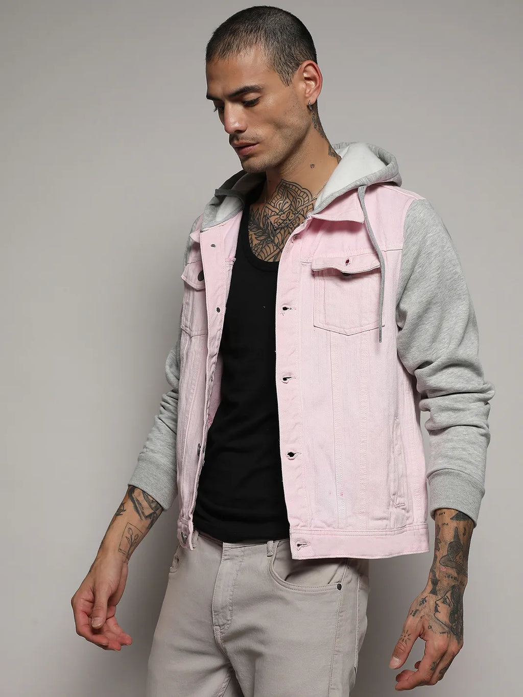 Medium-Wash Denim Jacket With Sweatshirt Sleeve
