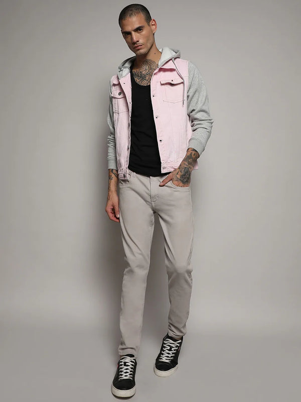 Medium-Wash Denim Jacket With Sweatshirt Sleeve