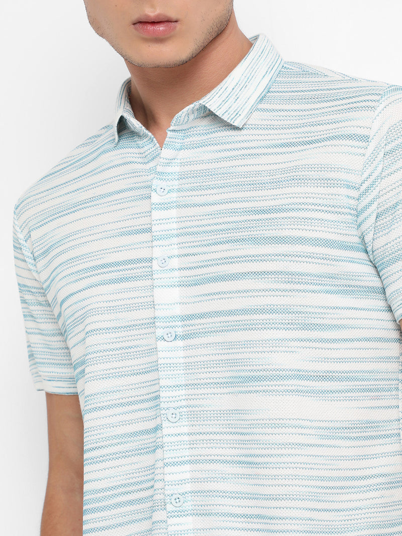 Men's Light Blue & White Textured Horizontal Striped Shirt