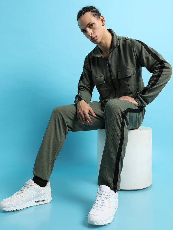Solid Side Striped High Neck Casual Co-Ords