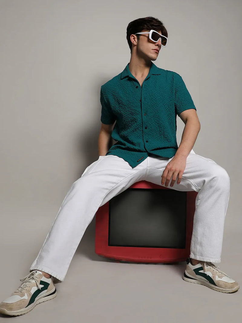 Men's Teal Green Self-Design Creased Striped Shirt
